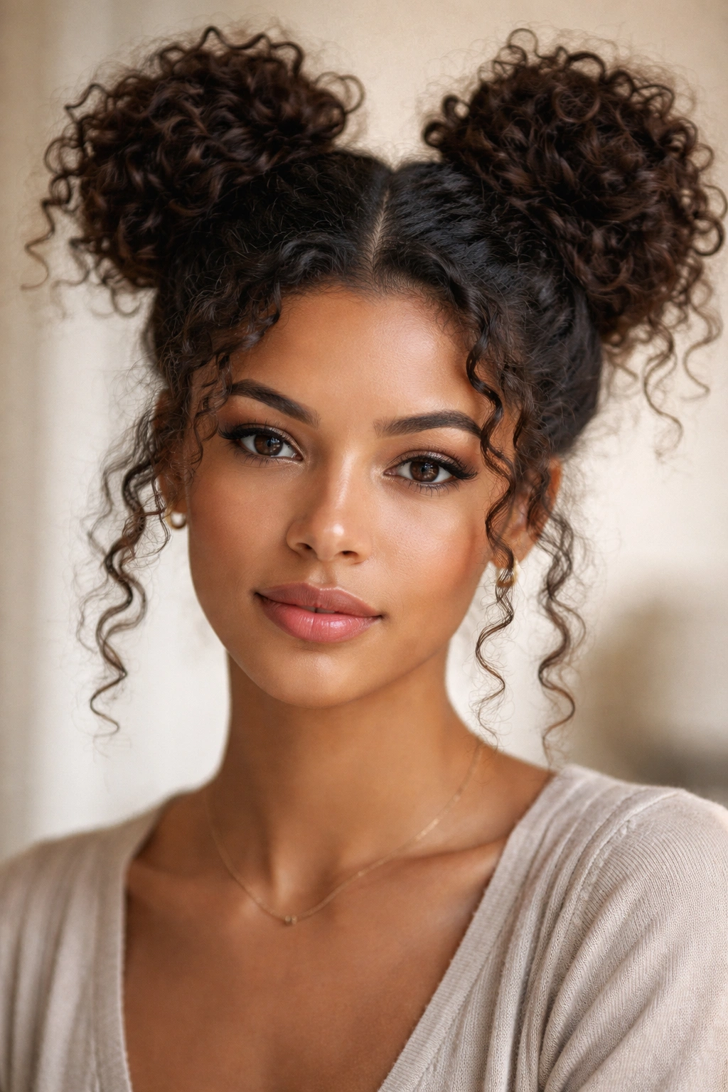 Two loose space buns on thick curly hair with textured buns