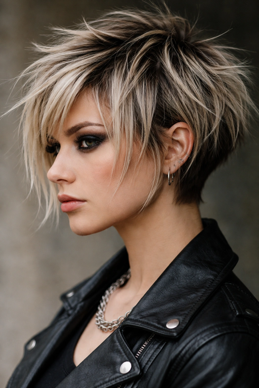 Close-up of spiky textured punk bob with piecey volume