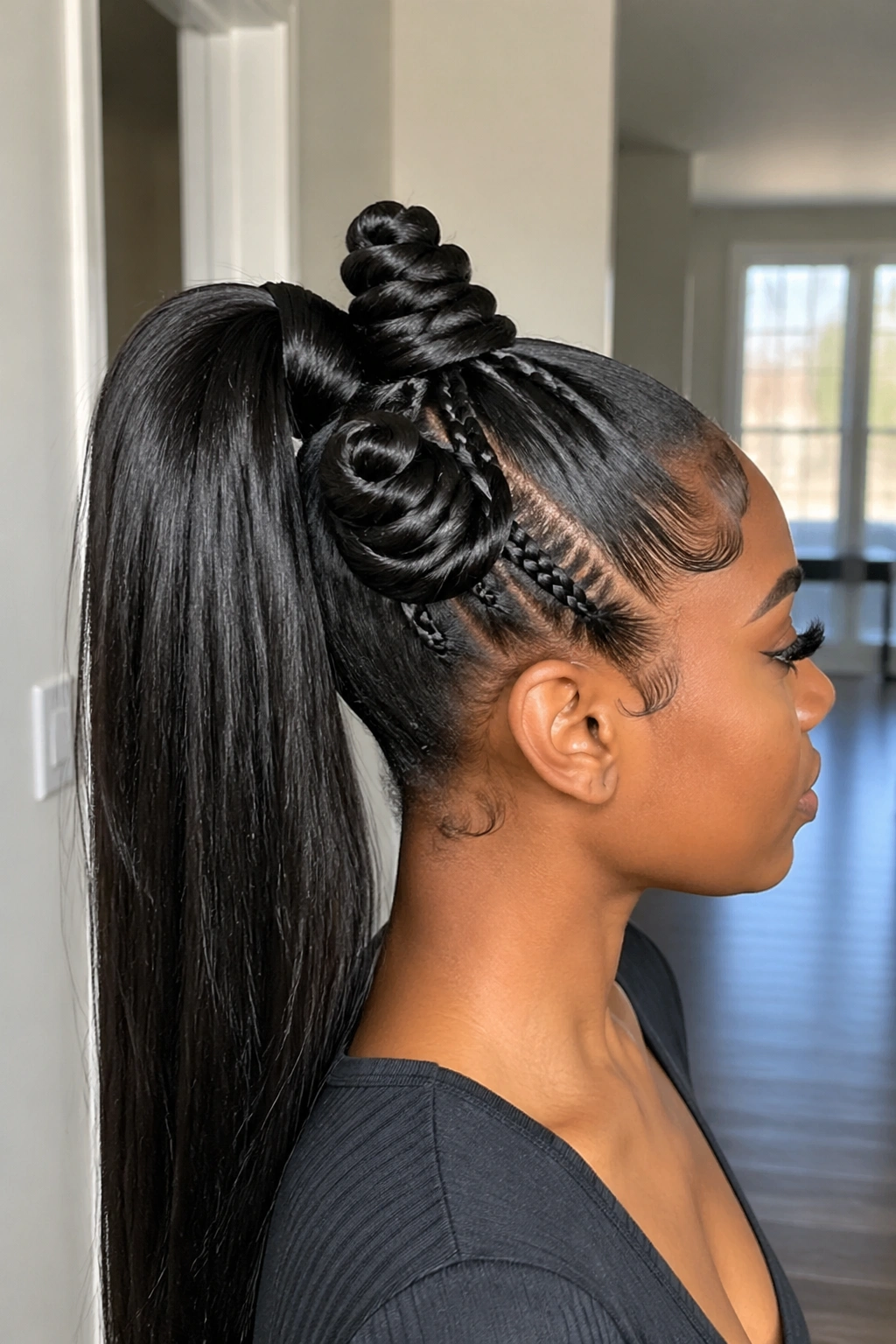 Profile portrait of woman with long extension ponytail featuring spiral-wrapped knots