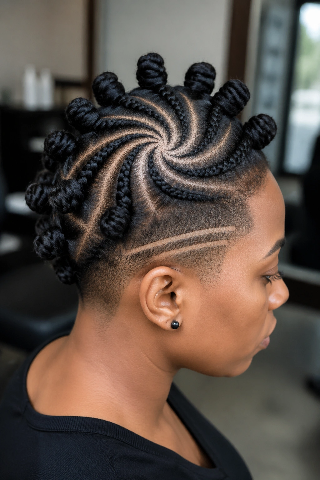 Portrait of a real person with spiral-part knots and twin razor lines on shaved side