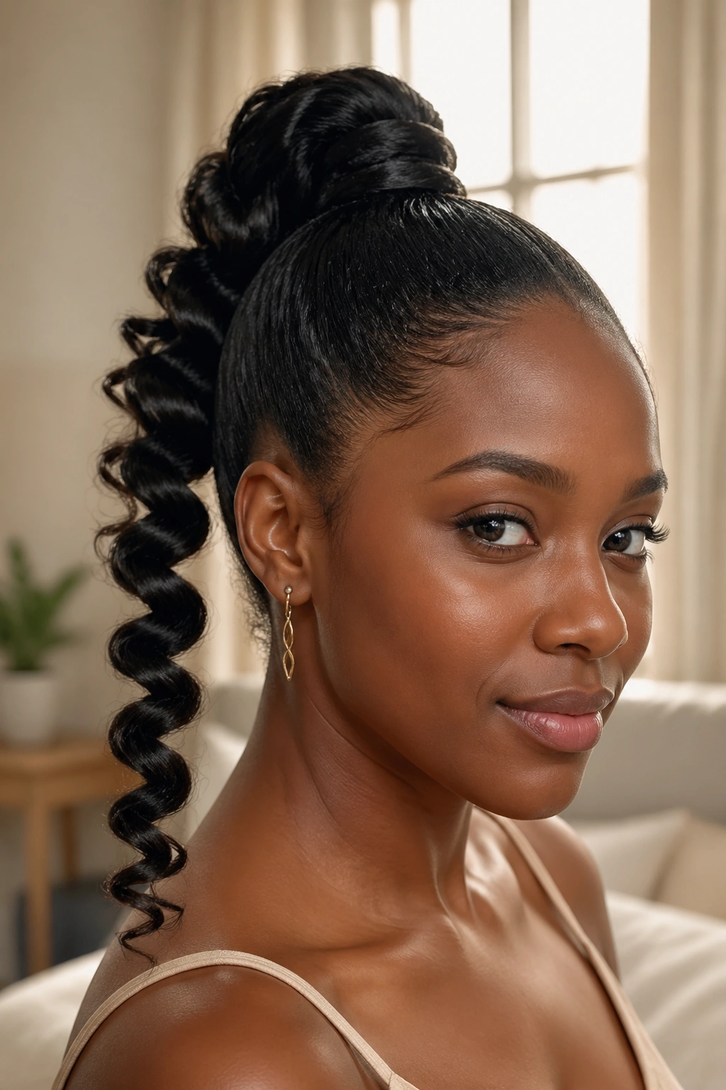 Close-up of a real woman with a spiral ponytail wrapped around the base under natural window light