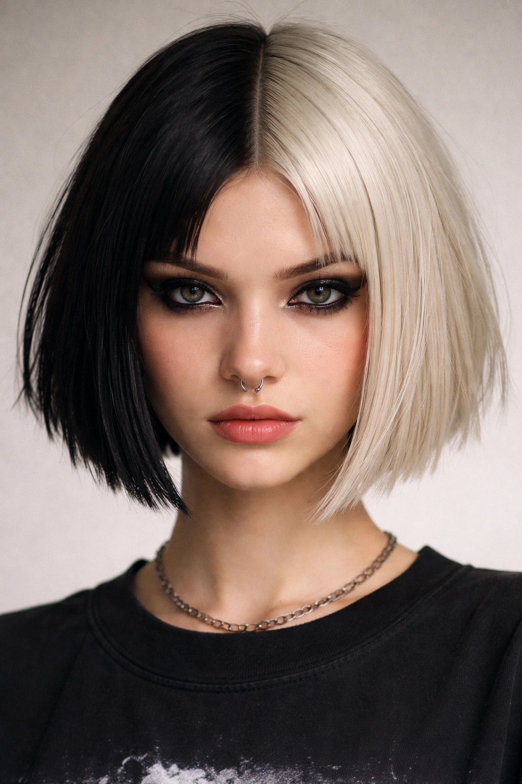 Split-dye punk bob with black and platinum color blocks