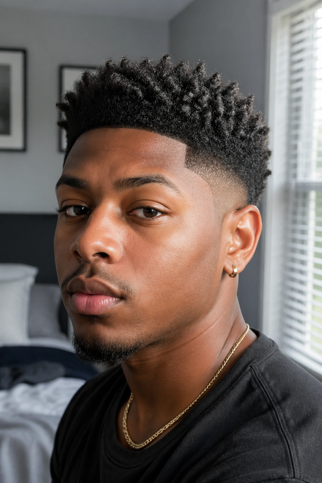 Close-up of a real person with a sponge-curl fade hairstyle