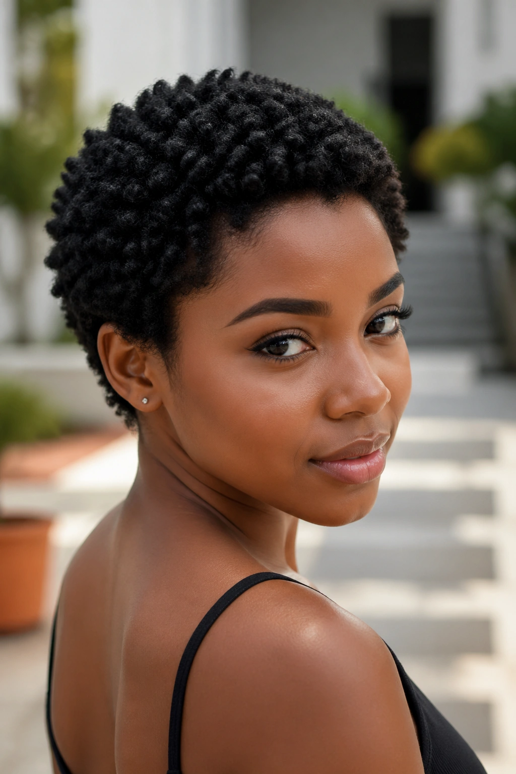 Close-up portrait of a real woman with a sponge-defined mini afro in bright outdoor light.
