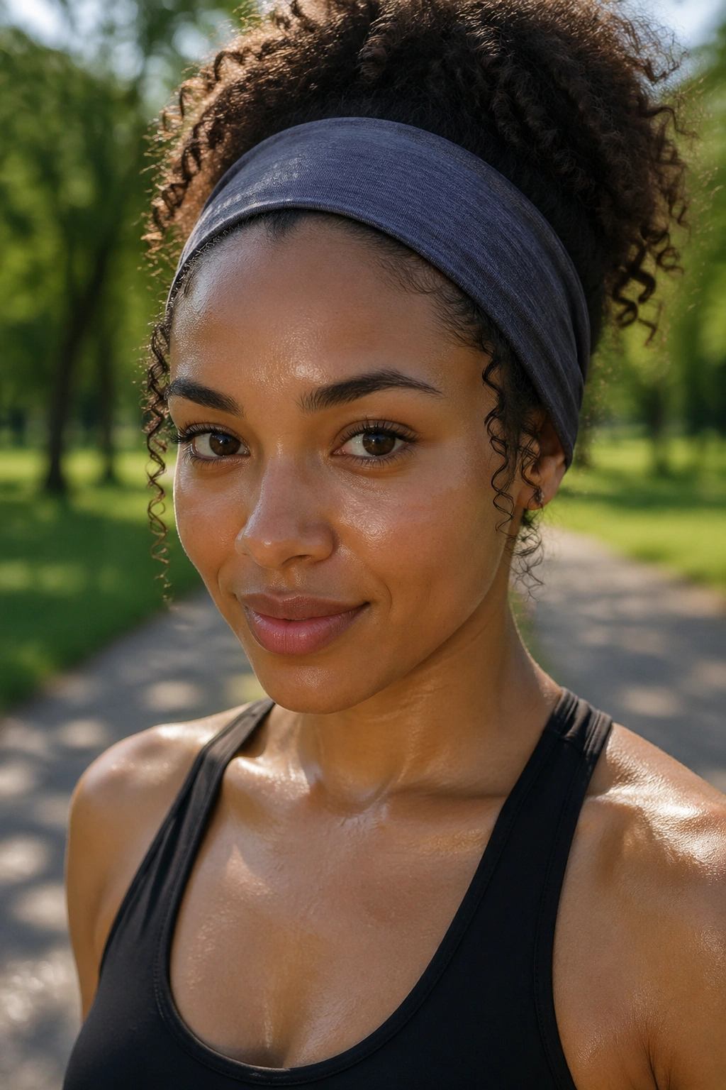 Close-up of a person wearing a sport headband outdoors to manage sweat and frizz