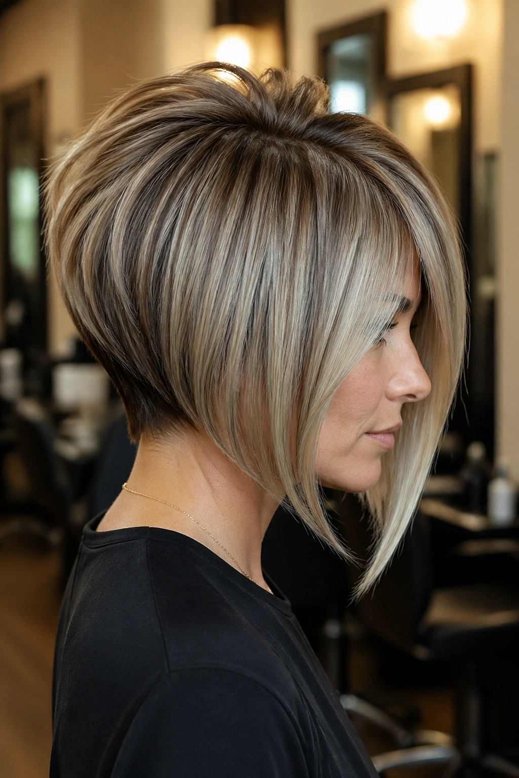 Three-quarter profile of a real person with stacked asymmetrical bob and crown lift in a salon.