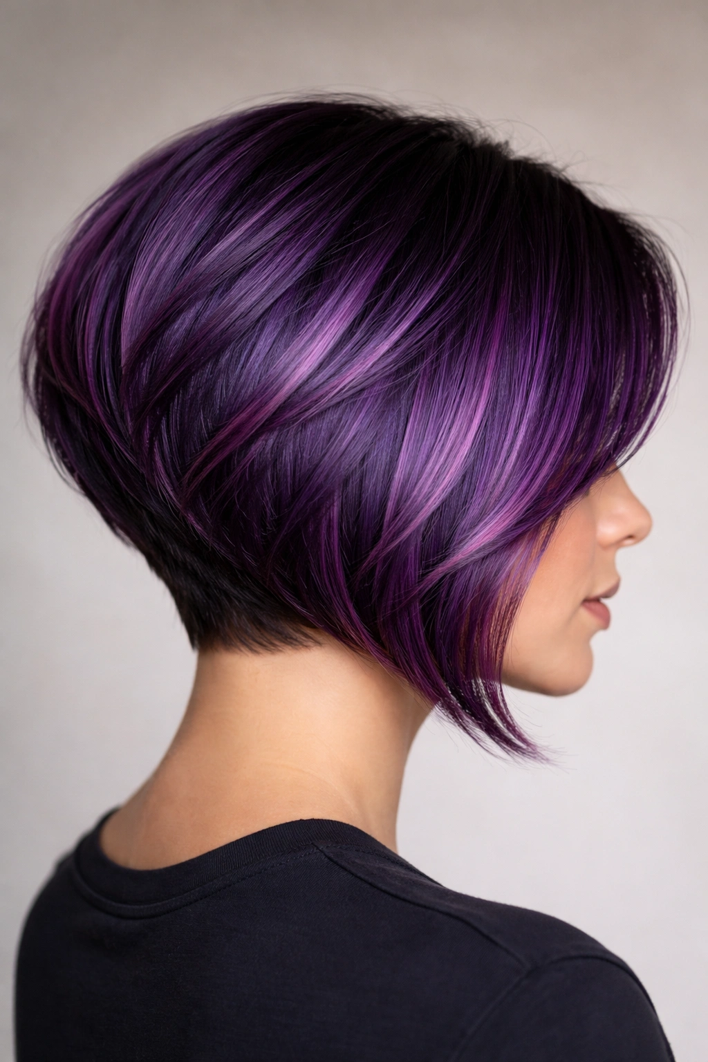 Close-up of stacked bob with amethyst dimension showing layered nape and color depth
