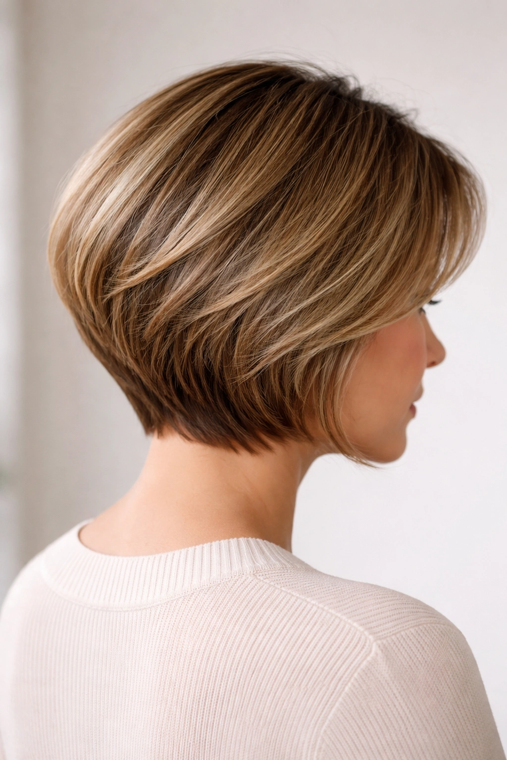 Stacked bob with a soft back curve showing crown lift