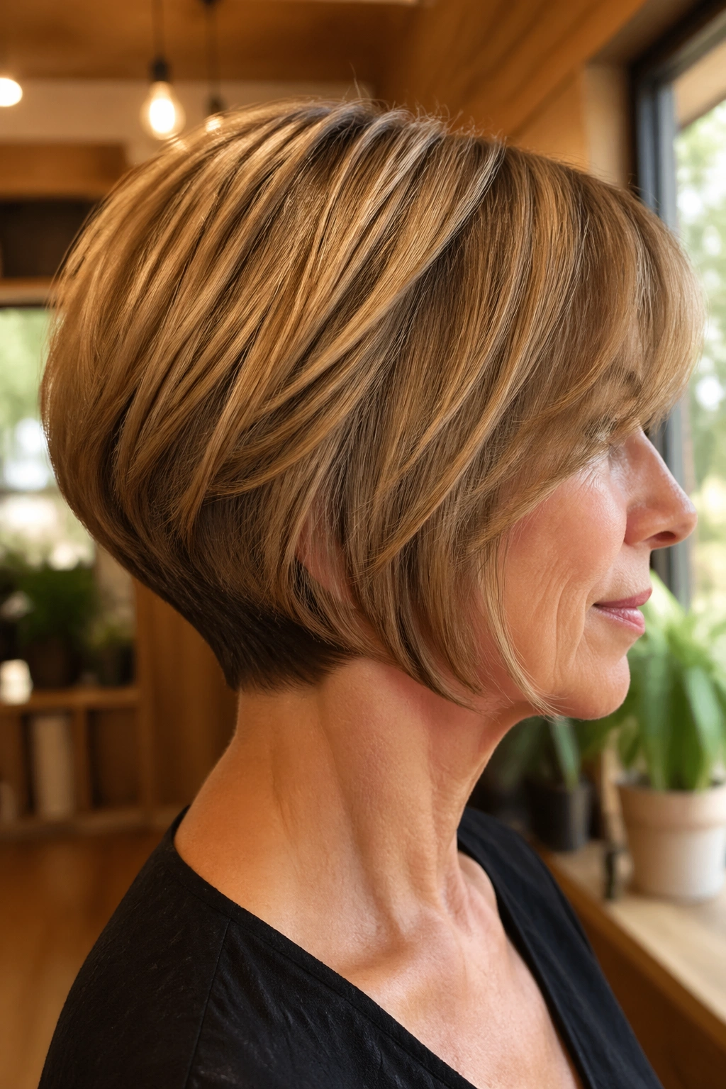 Close-up of a real woman's stacked bob highlighting the nape layers and rounded crown