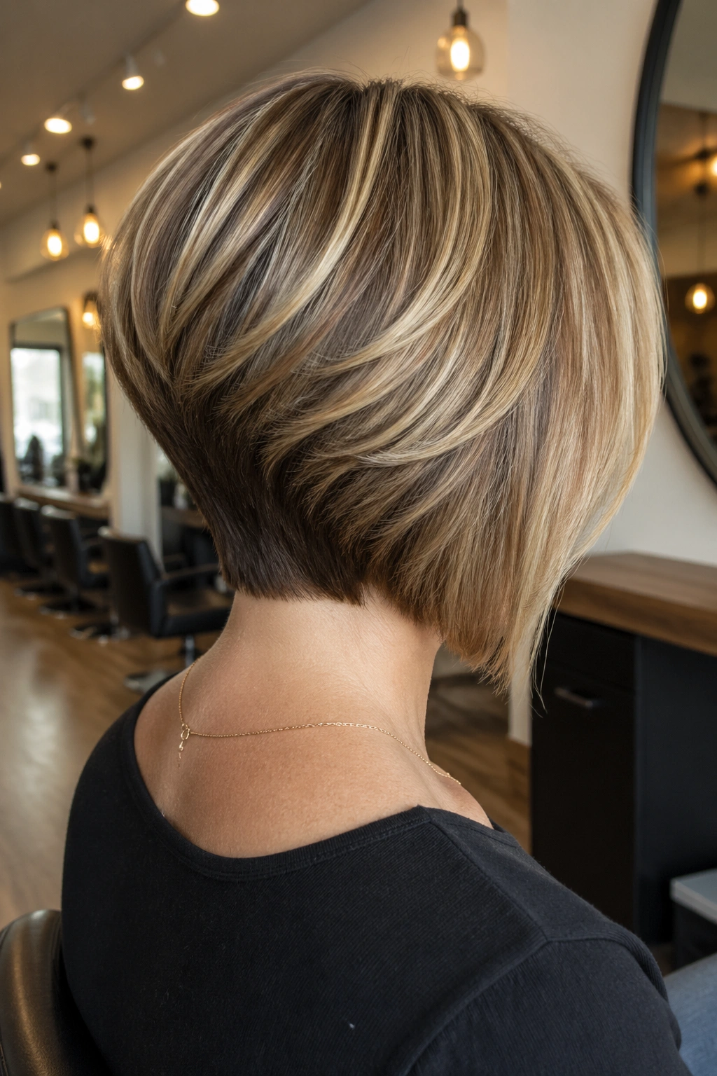 Back view of stacked bob showing back layers at nape