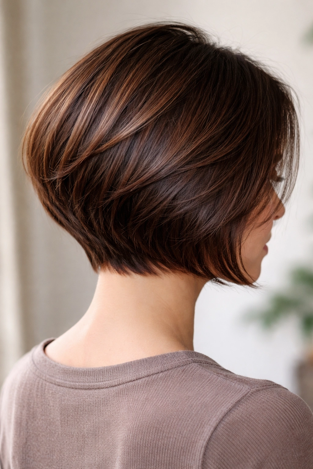 Back view of stacked nape bob with chestnut depth showing rounded silhouette
