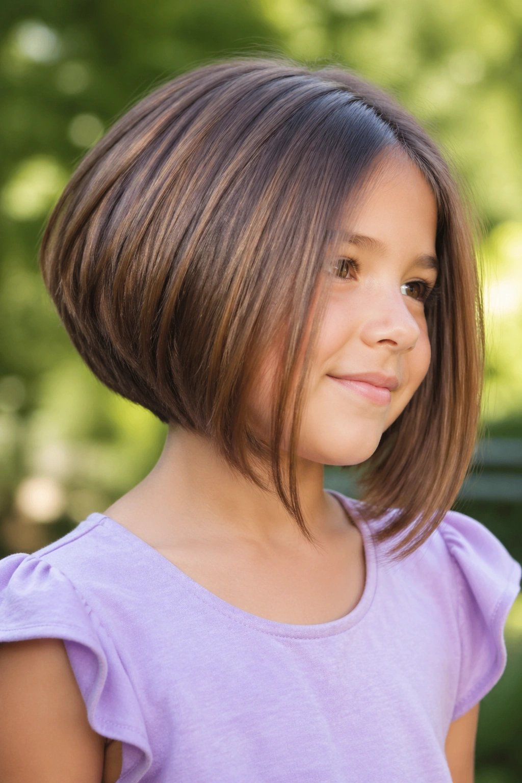 Close-up of real child with stacked bob for dense hair in outdoor sunlight