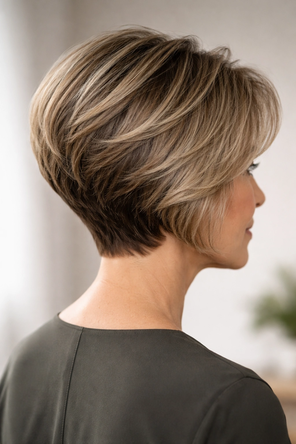 Back view of stacked bob showing crown lift and nape stacking.