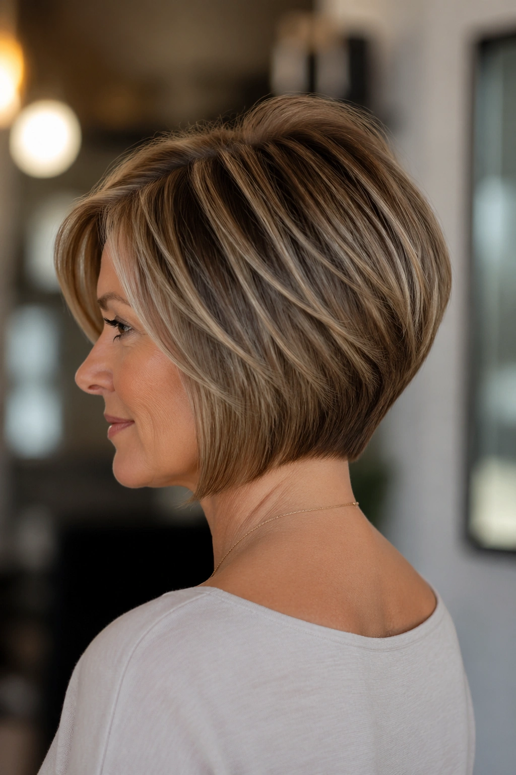 Close-up of a real woman with a stacked bob showing lift at the crown