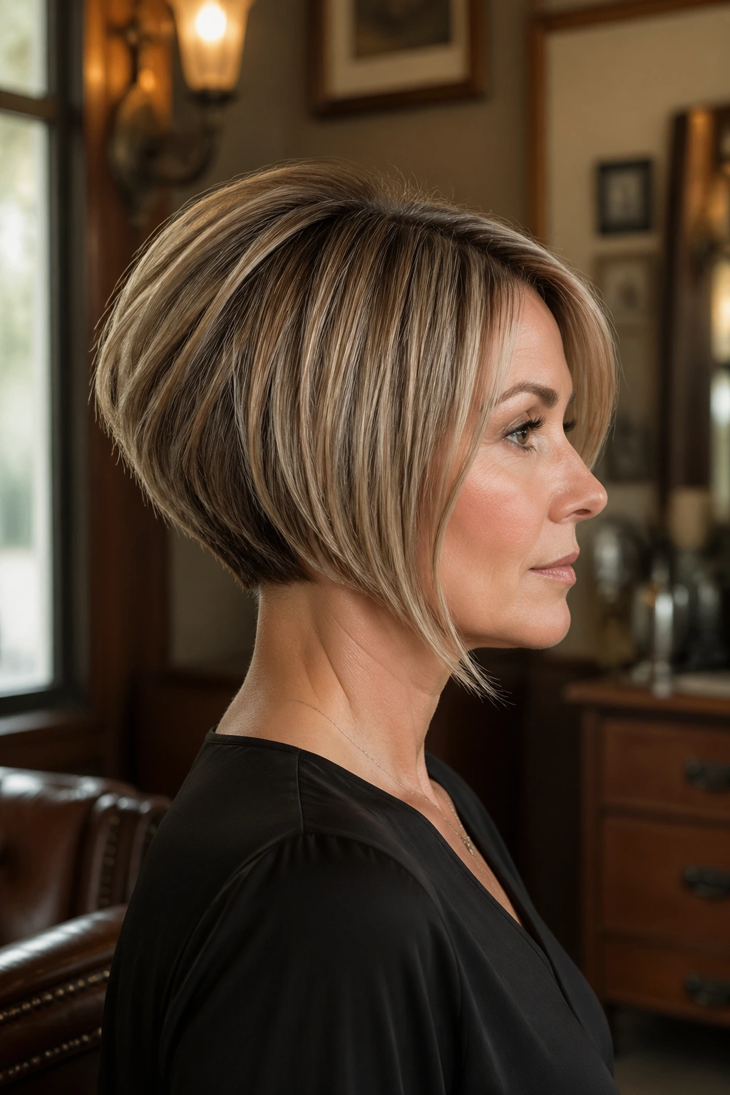 Portrait of a woman with stacked back bob and crown lift in a vintage setting