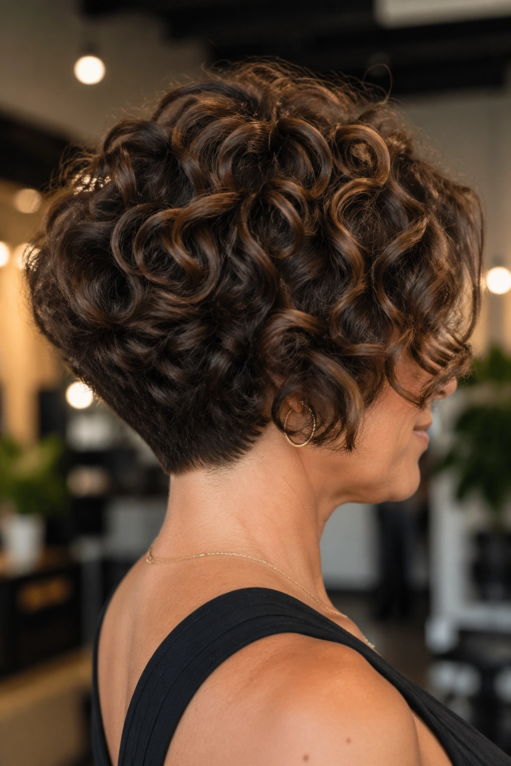 Real woman with stacked bob showing back volume and crown lift