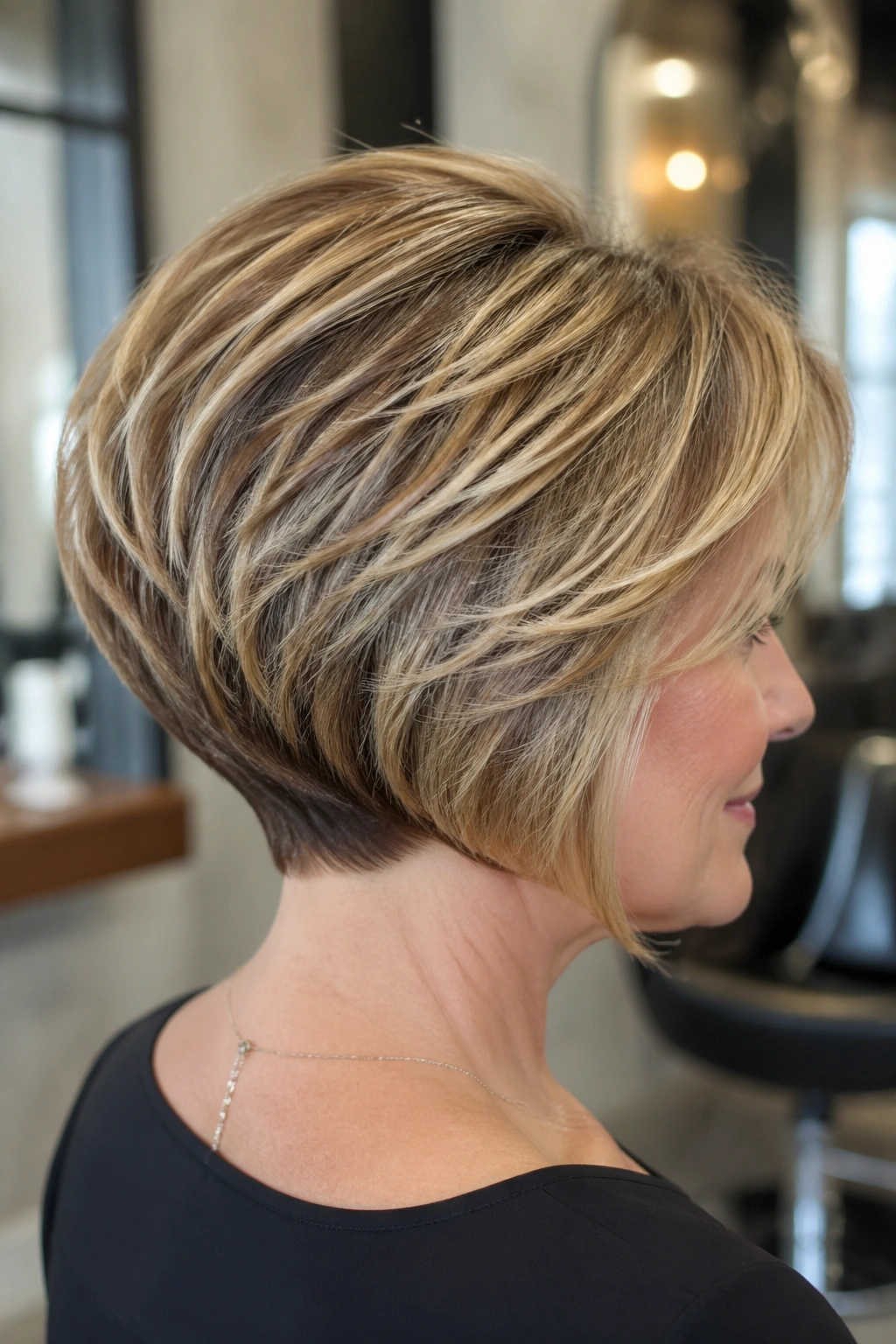 Real woman with a stacked bob showing back crown lift