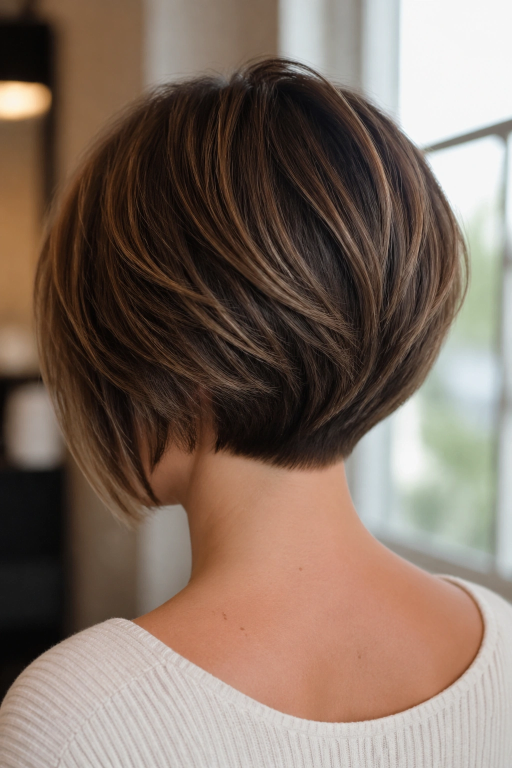 Back-of-head view of a real woman with a stacked bob showing layered nape