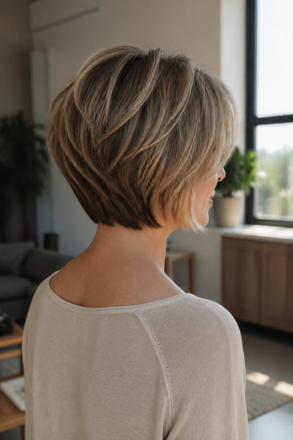 Rear three-quarter portrait of a real woman with a stacked bob showing crown lift