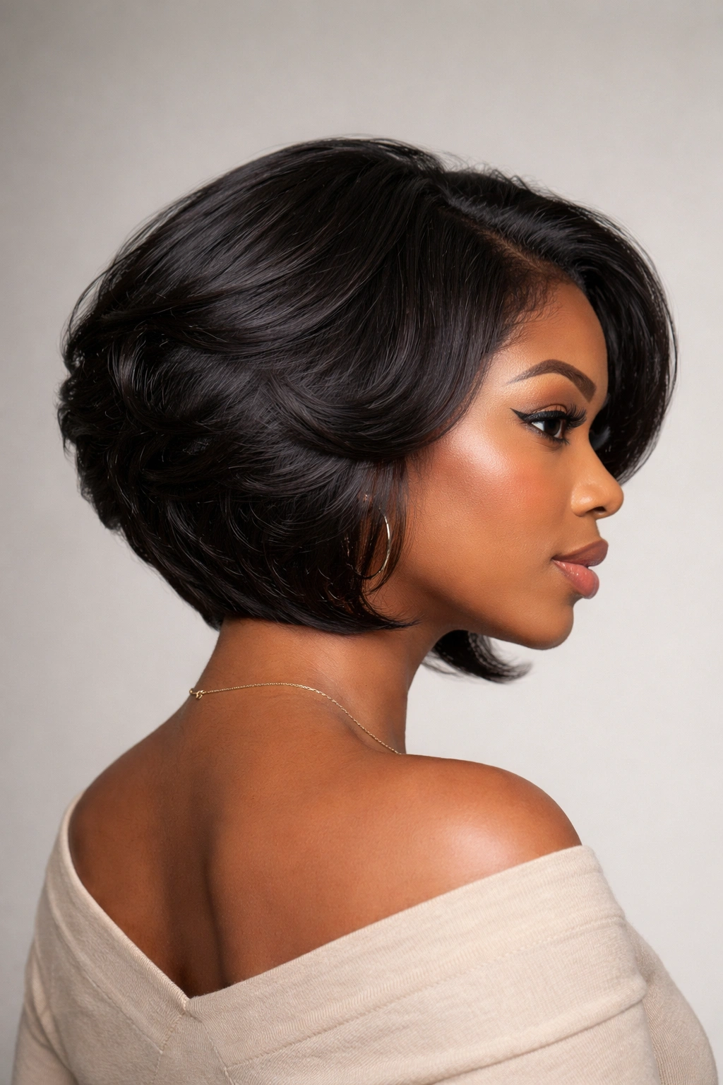 Stacked bob with back lift and soft face framing on a studio portrait