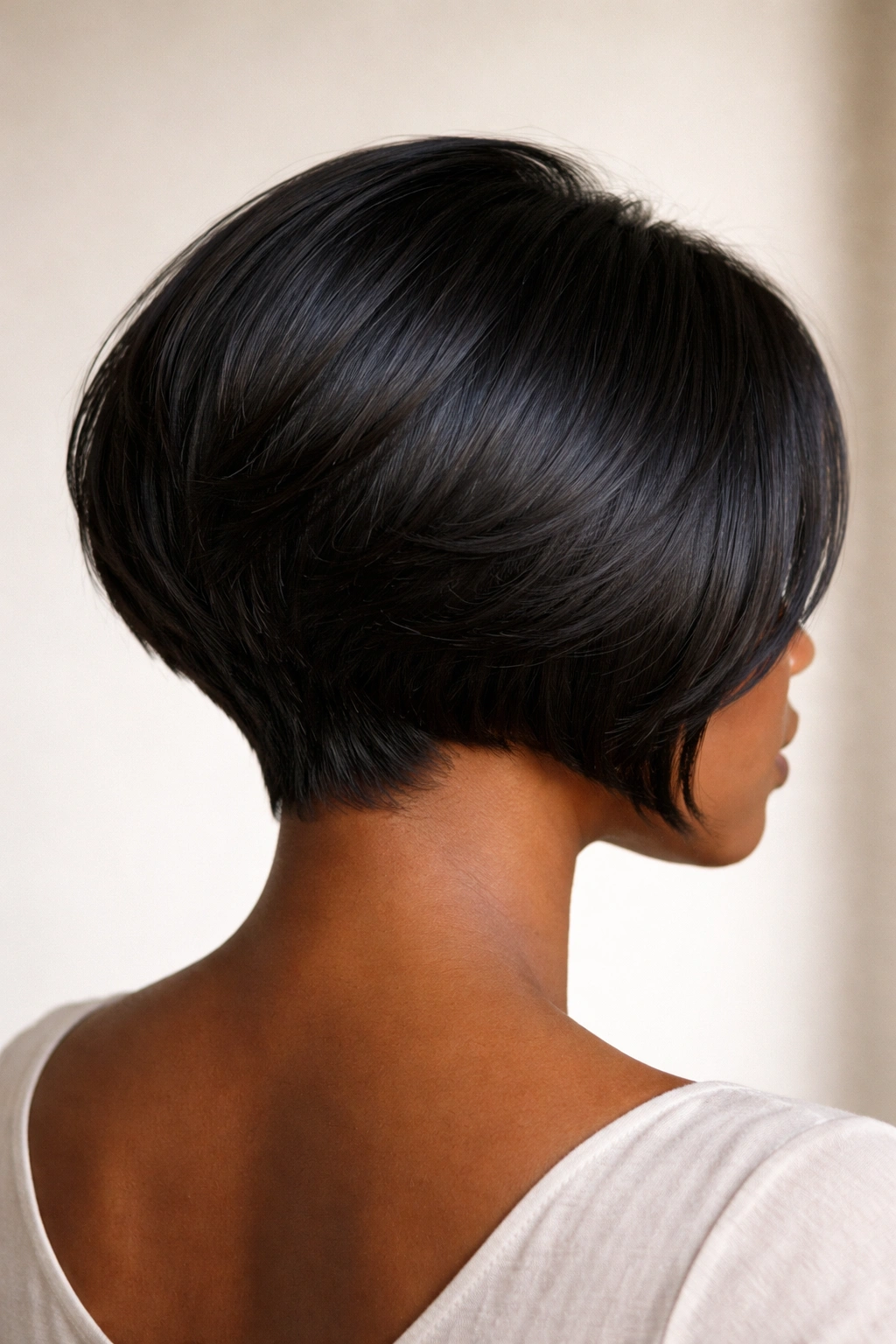 Back view of stacked bob showing lift at crown and neat nape on thick Black hair