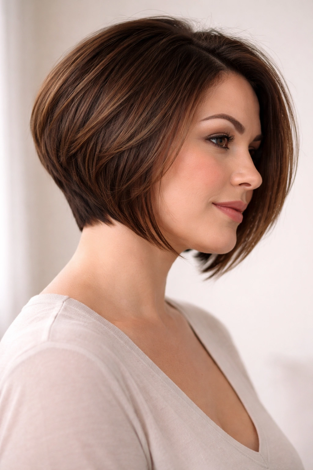 Stacked bob silhouette with longer front pieces framing the jaw.