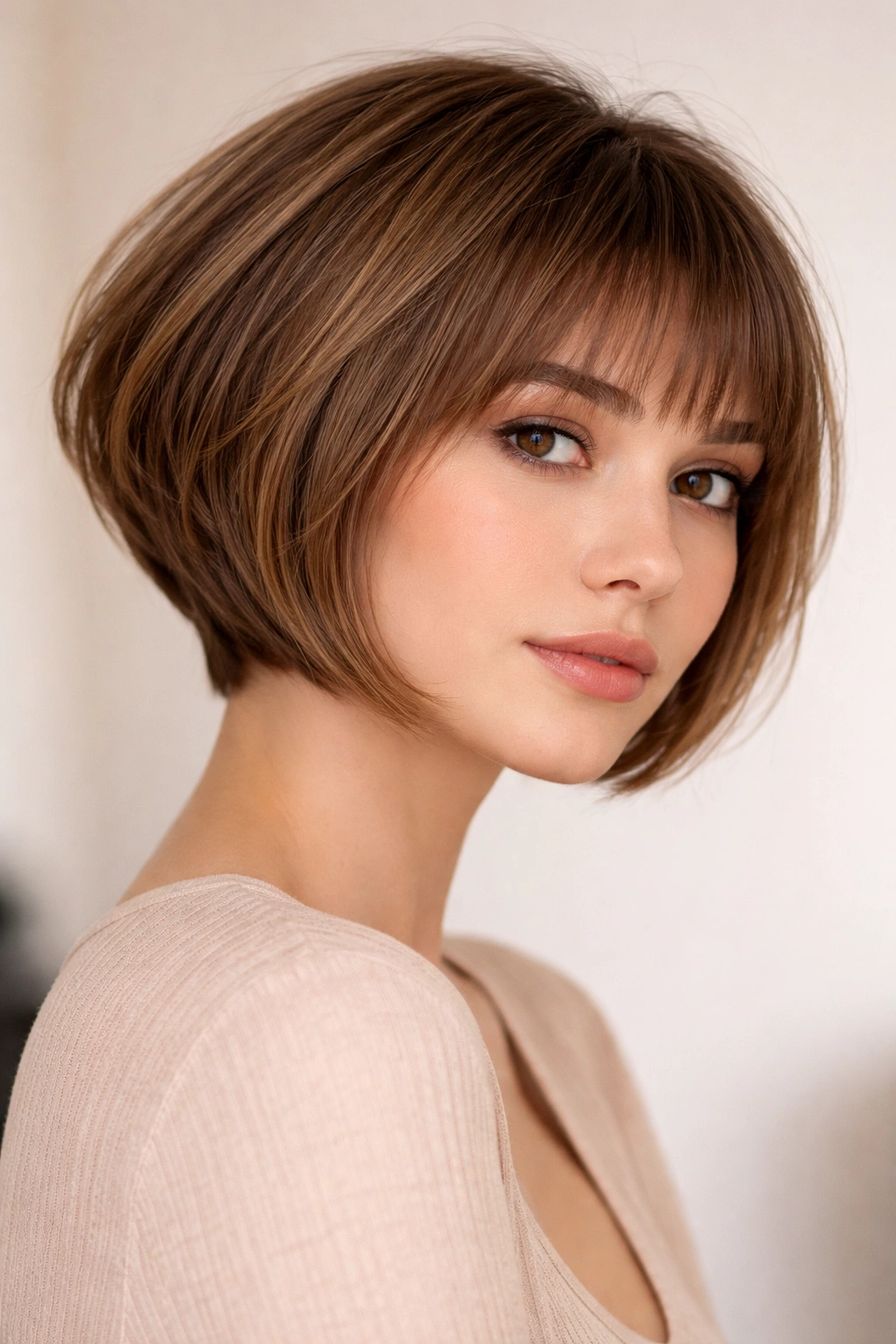 Stacked bob with soft micro-fringe and crown lift.