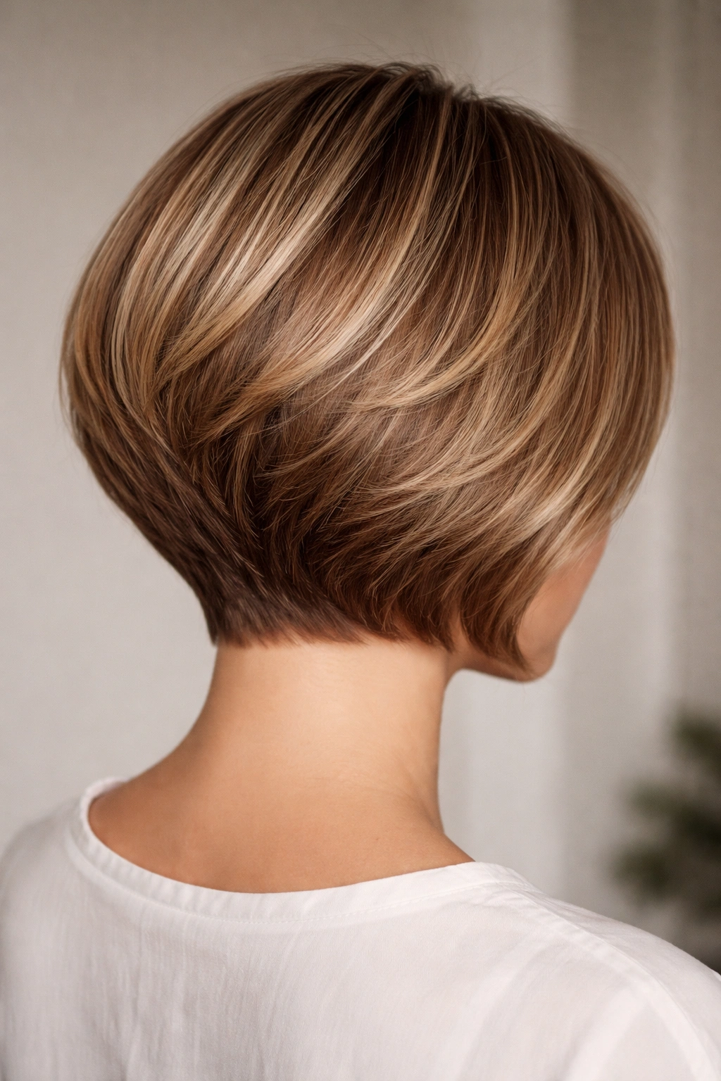 Back view of classic stacked bob showing soft nape curve, rounded layers, and crown lift.