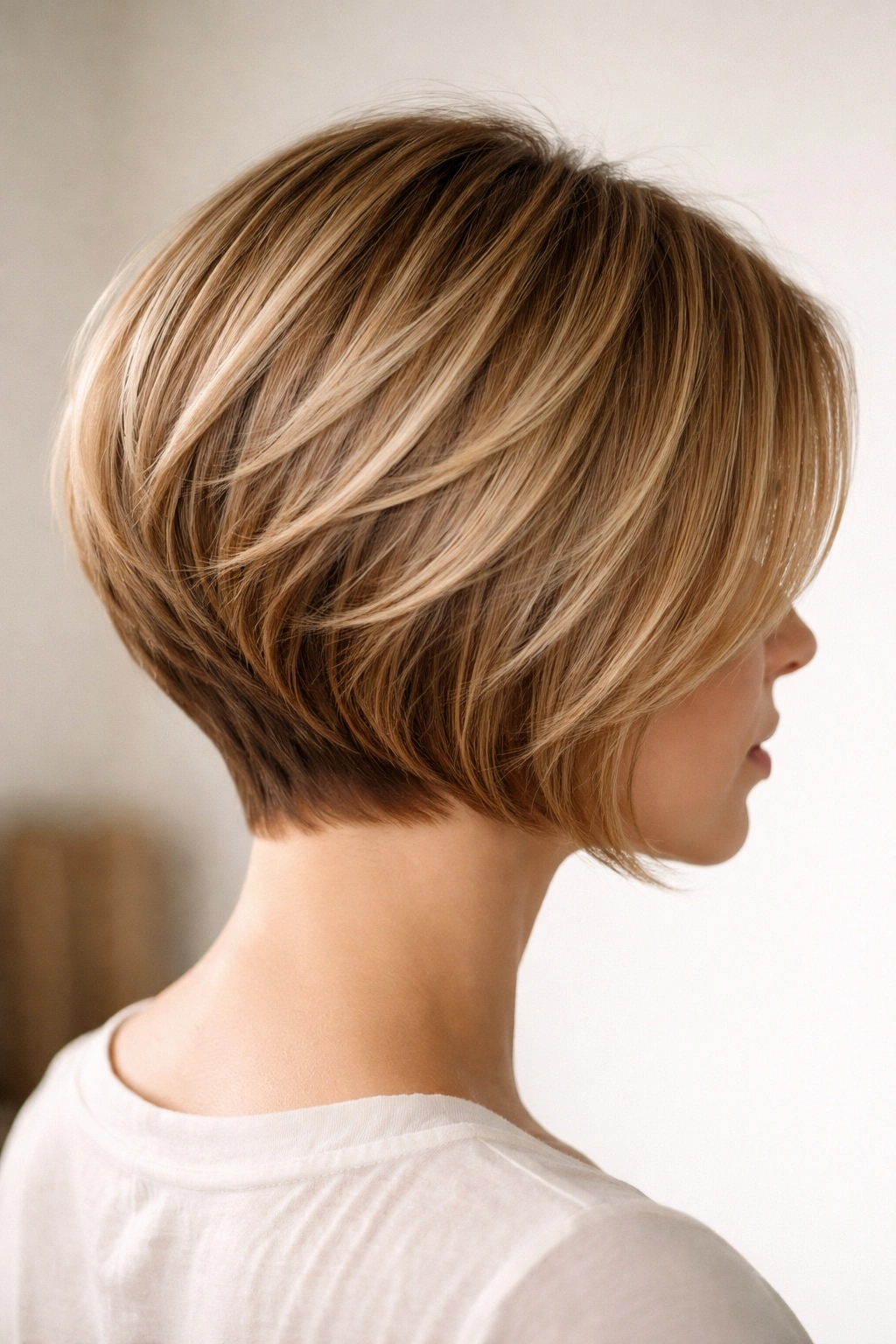 Three-quarter view of a model with a stacked bob and shorter nape showing height at the crown