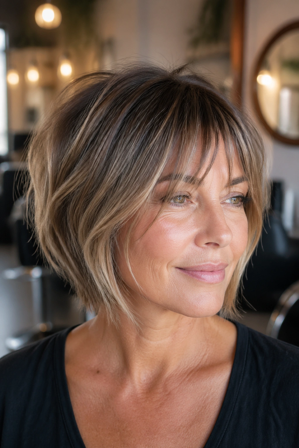 Portrait of woman with stacked bob and piecey fringe
