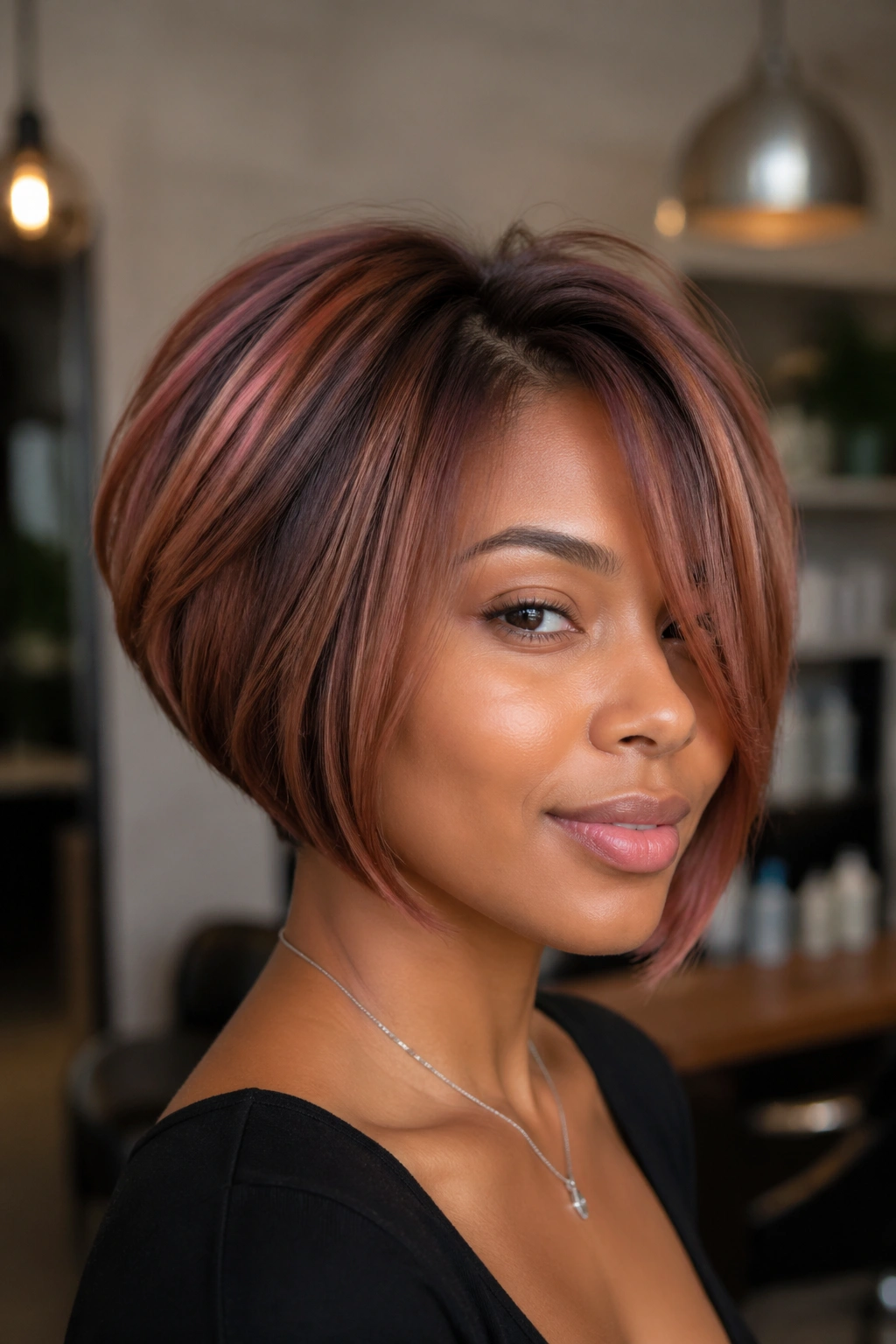 Close-up of stacked bob with rose brown tones on a real person