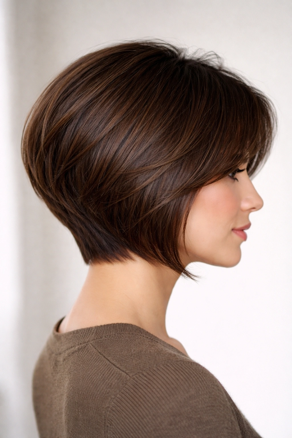 Stacked bob with side fringe showing lifted crown and soft side-swept fringe