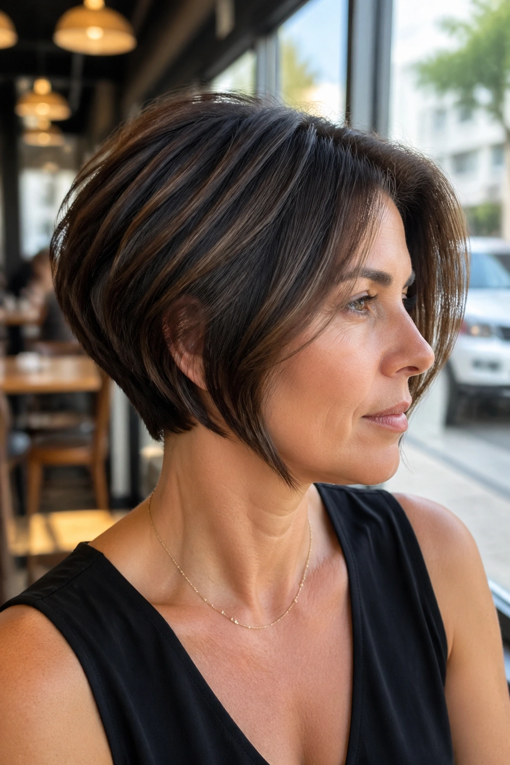 Close-up portrait of a real woman with a stacked bob showing short back layers and lifted crown