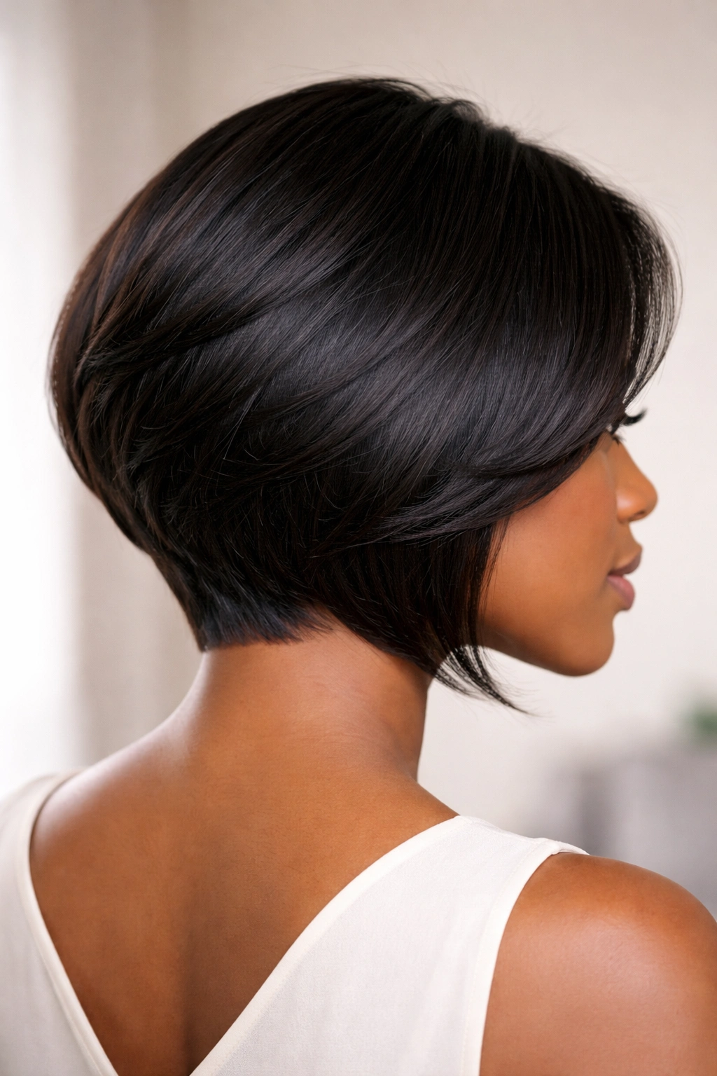 Portrait of a stacked bob showing gentle nape volume and soft graduation.