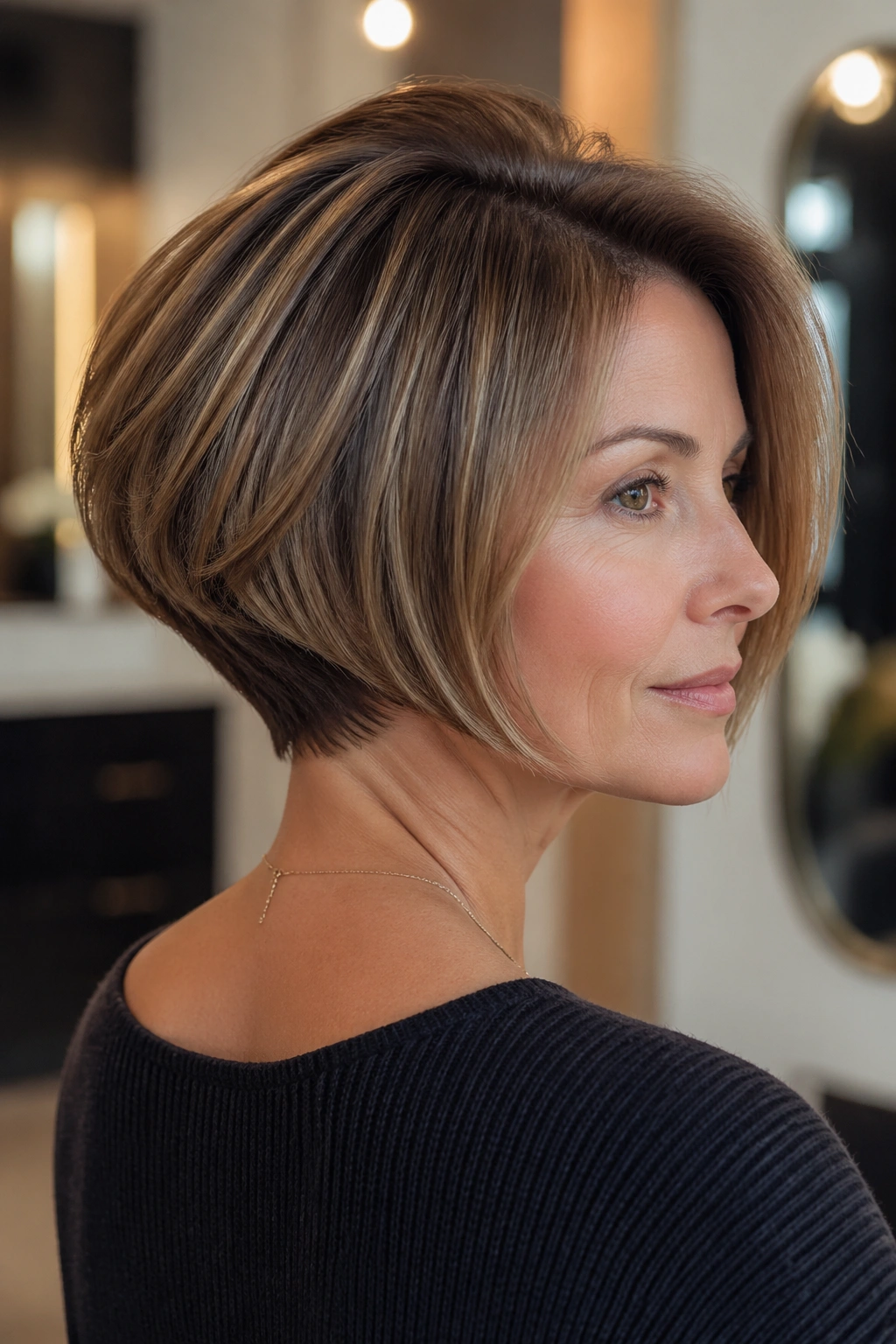 Portrait of a real woman with a stacked concave bob and built-in lift at the nape