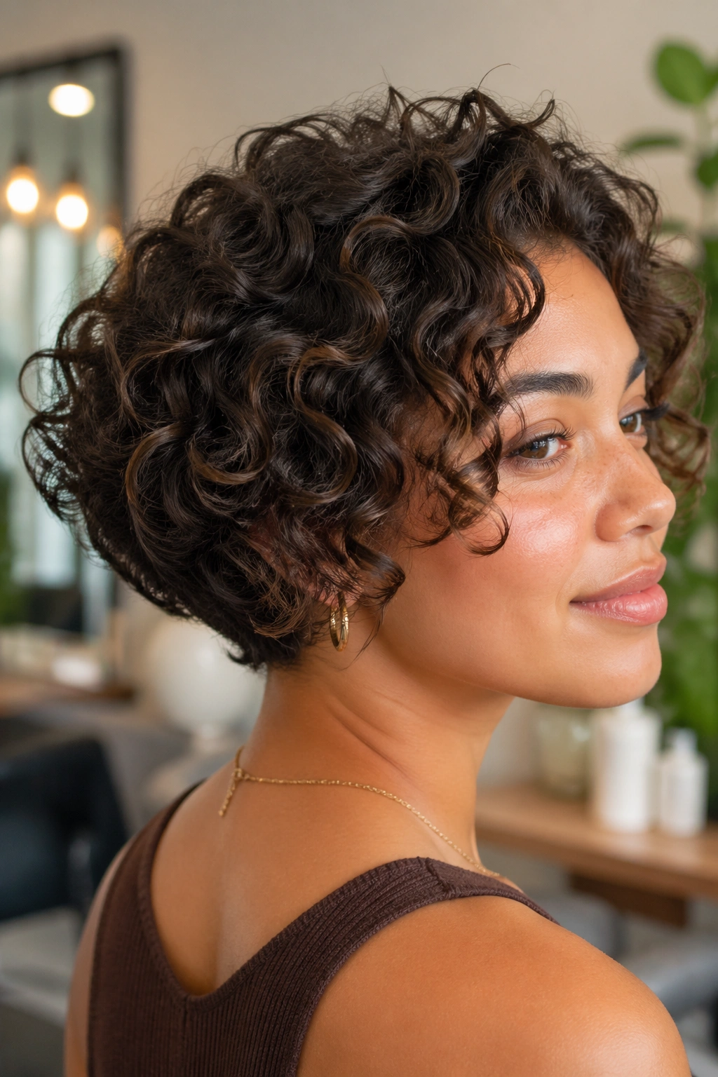 Close-up portrait of a real person with a stacked curly bob showing nape layers