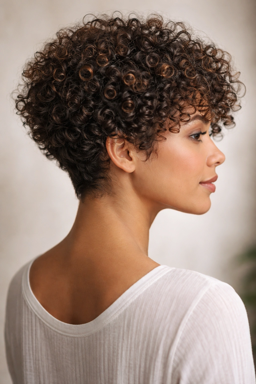 Close-up of stacked curly cut with lifted crown on tight 3C curls