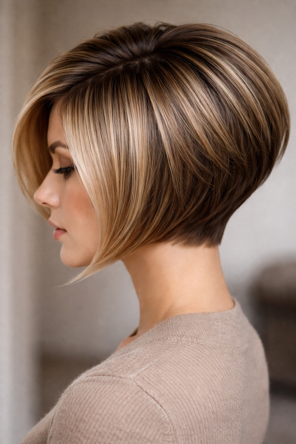 Stacked diagonal bob showing crown lift and sleek front length on a model