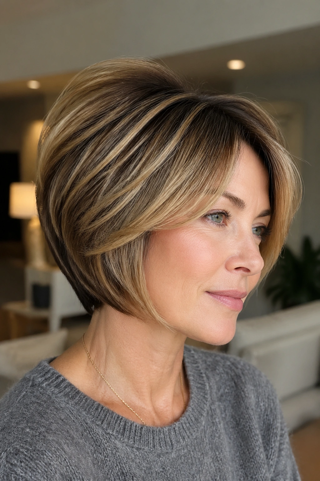 Portrait of a real woman with a stacked feathered bob and crown lift