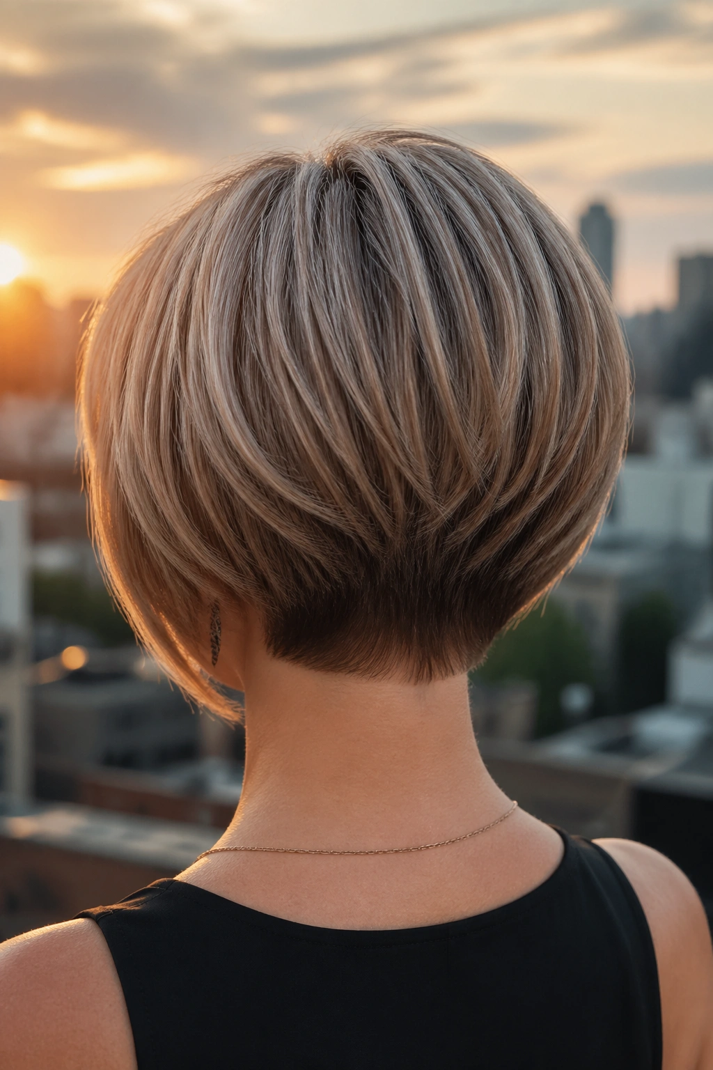 Back-of-head view of a real woman with a stacked graduated bob showing nape lift