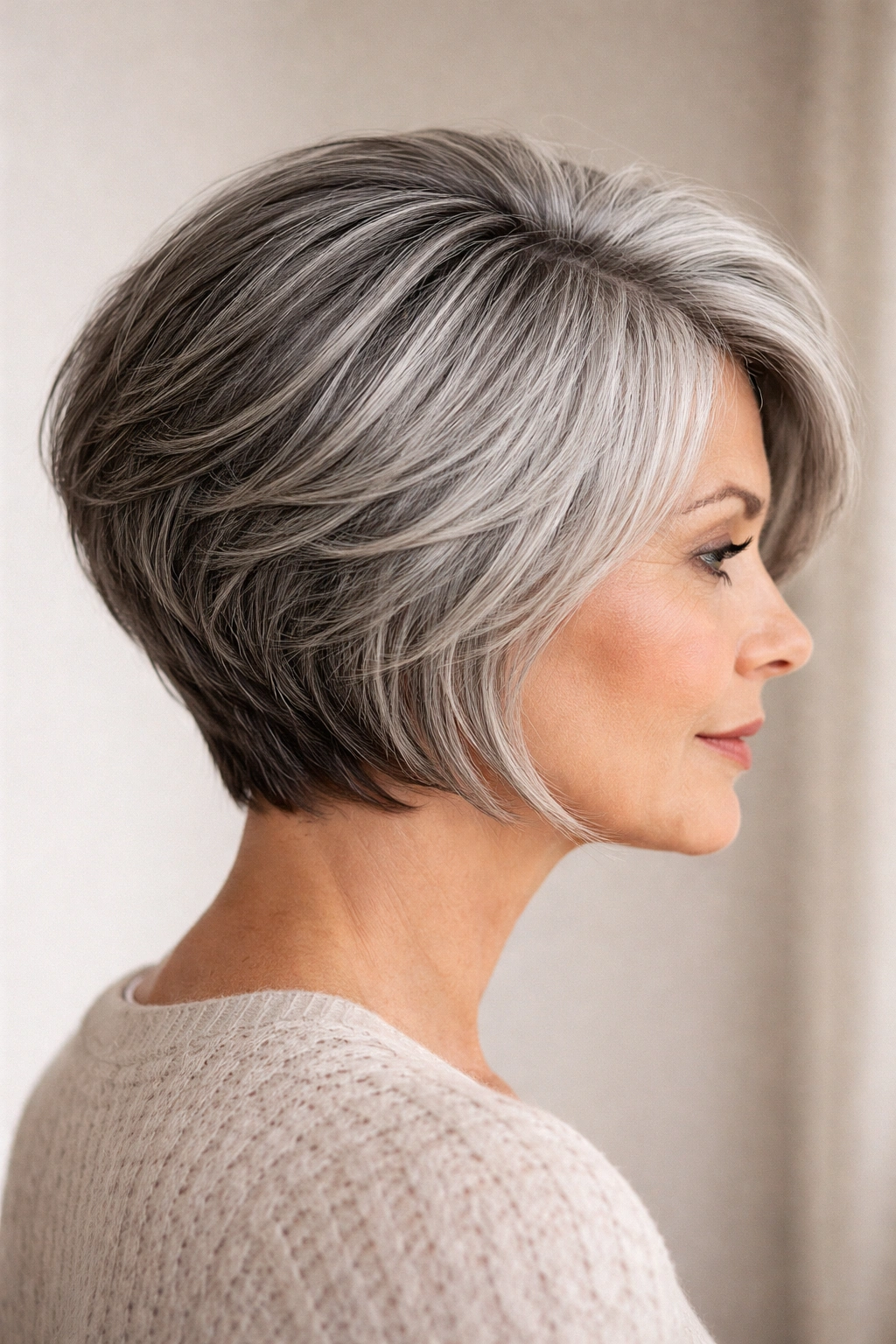 Side profile of a stacked grey bob with crown lift and rounded back