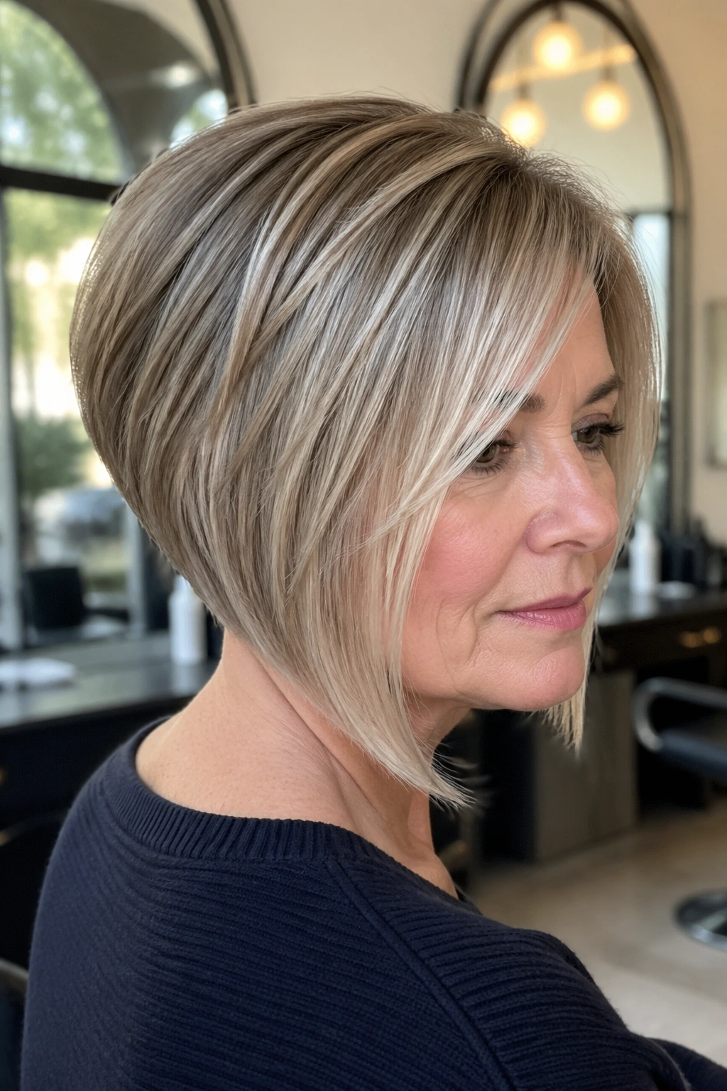 Close-up of a real woman with stacked inverted bob for fine hair showing crown lift in a bright salon.