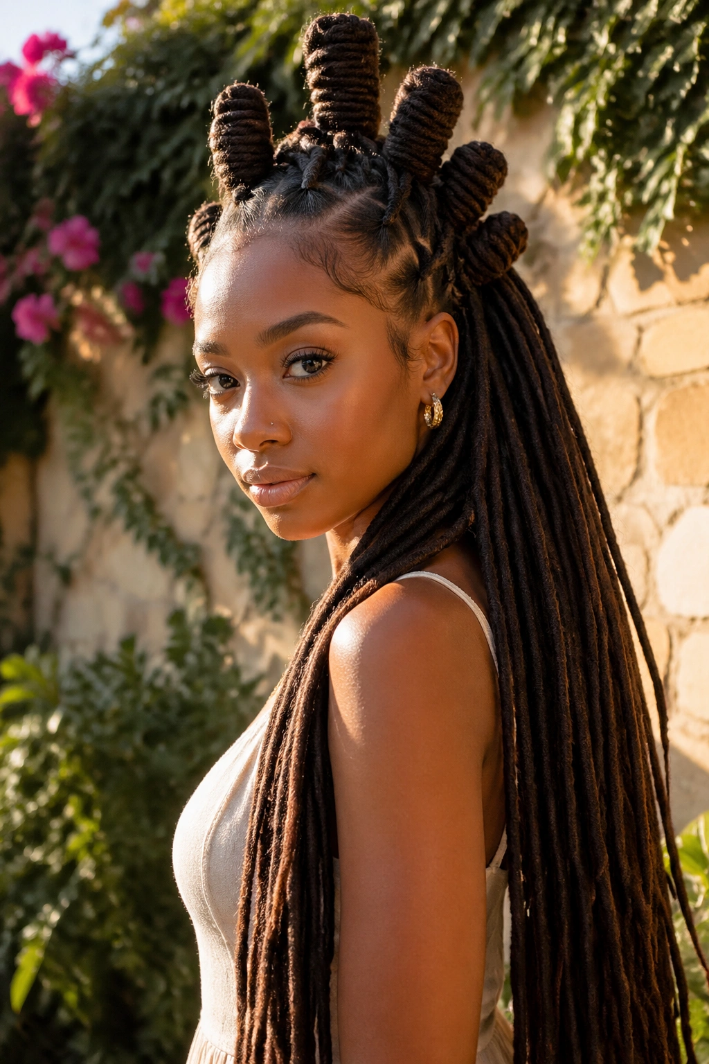 Portrait of a real person with waist-length locs in stacked knots