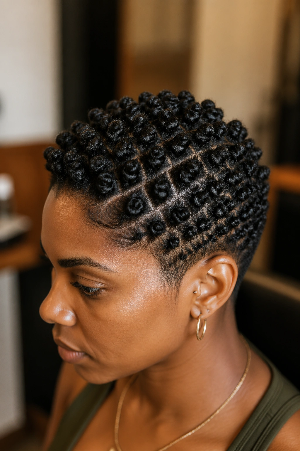 Close-up of a real person with stacked mini Bantu knots on a cropped cut