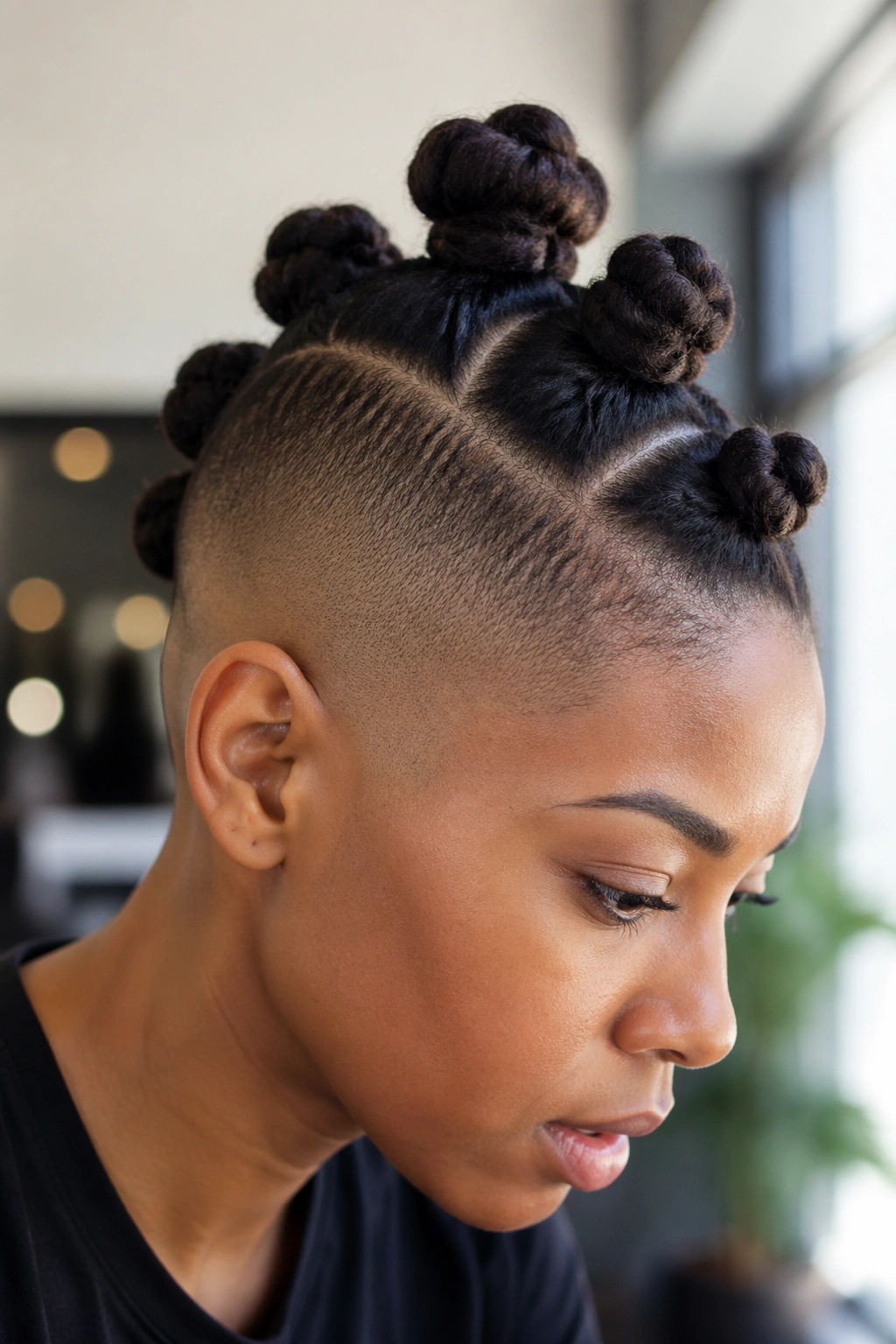 Close-up portrait of a real person with Stacked Mohawk Knots and a High Fade