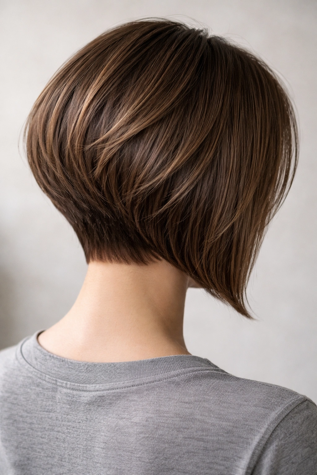 Rear view of stacked-nape A-line bob with short layers at the nape.