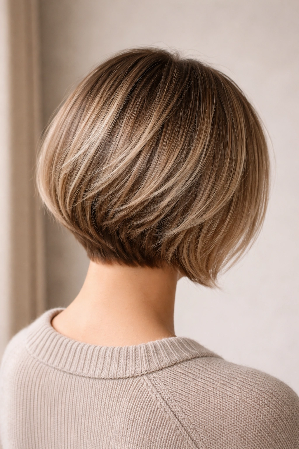 Back view of stacked nape bob with soft graduation in dirty blonde showing gentle nape stack