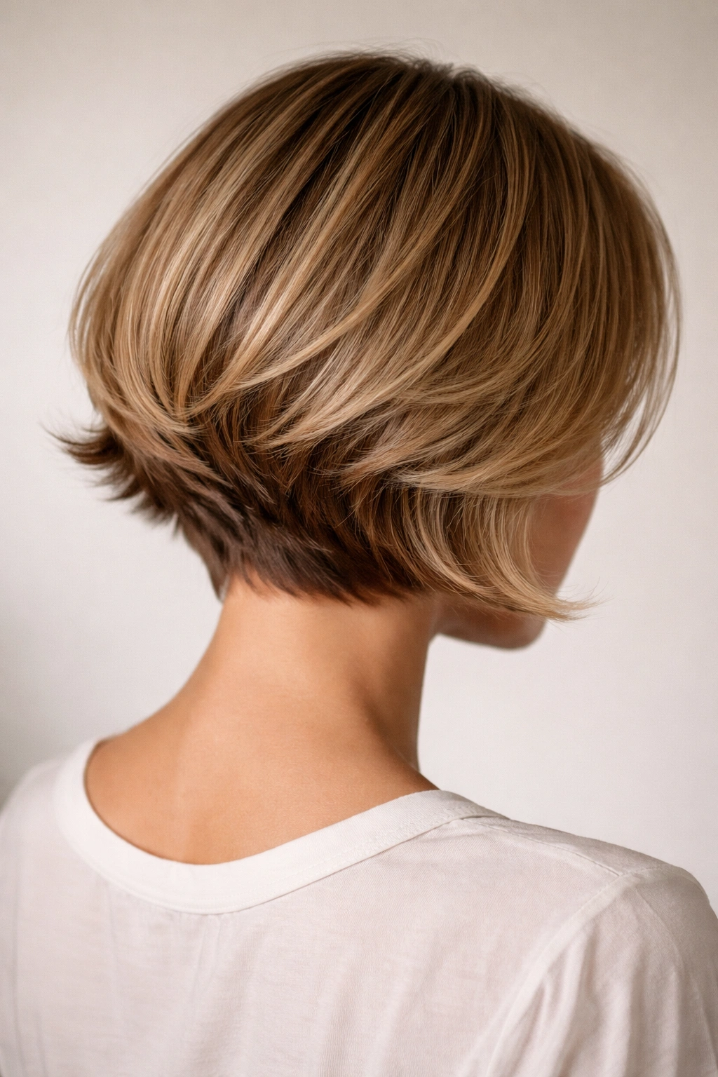 Back view of stacked nape flipped bob showing lifted stack.