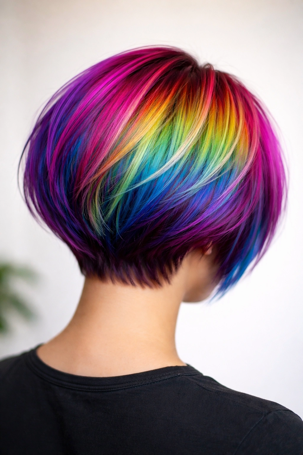 Rear view of stacked rainbow bob with lift at the back showing color layers