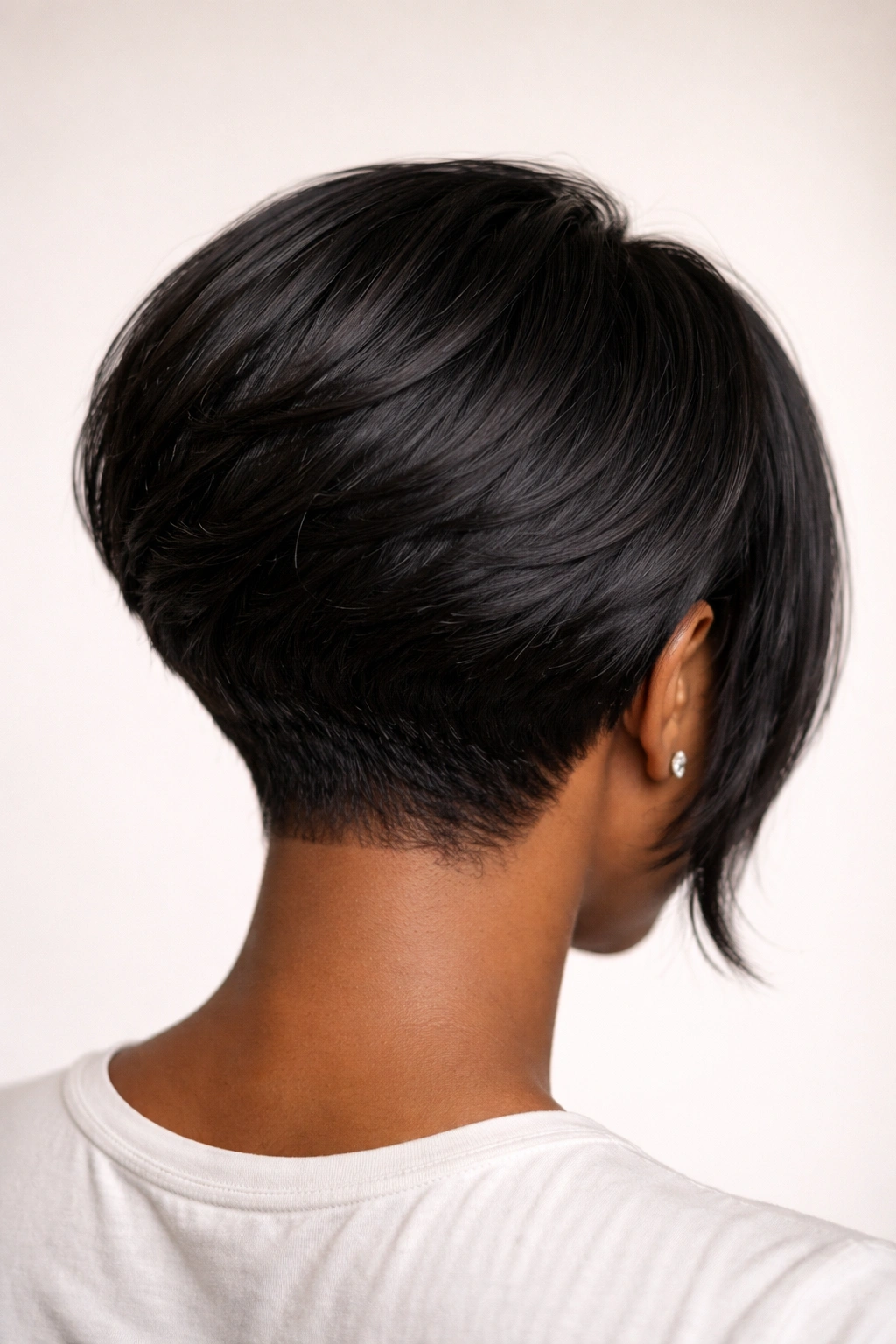 Back view of stacked razor bob with lift at the nape on Black hair